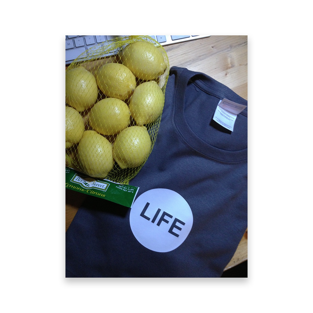 John's Costume- Lemons and a shirt that read's "LIFE"